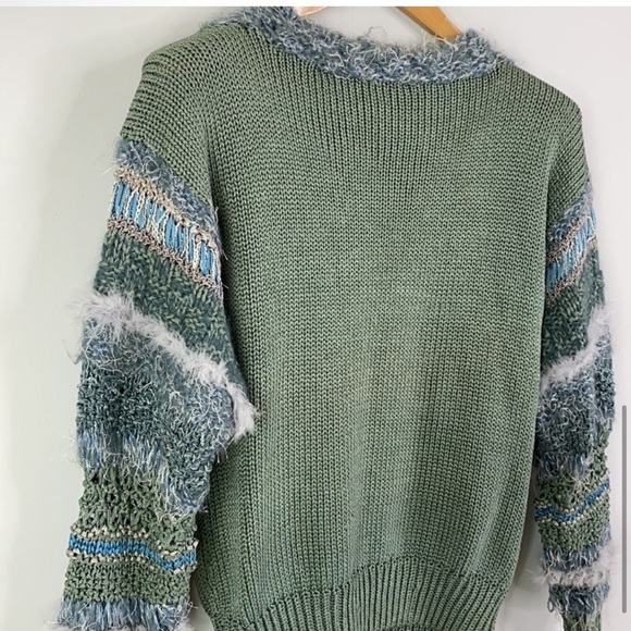 Homemade textured Sweater, muted green & blue size m/L w/feathers! nwt - Picture 6 of 10